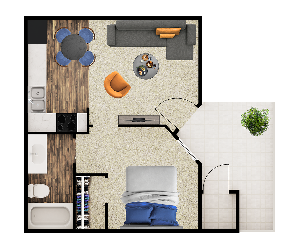 Floor plan for 1 bed, 1 bath, 412 sqft